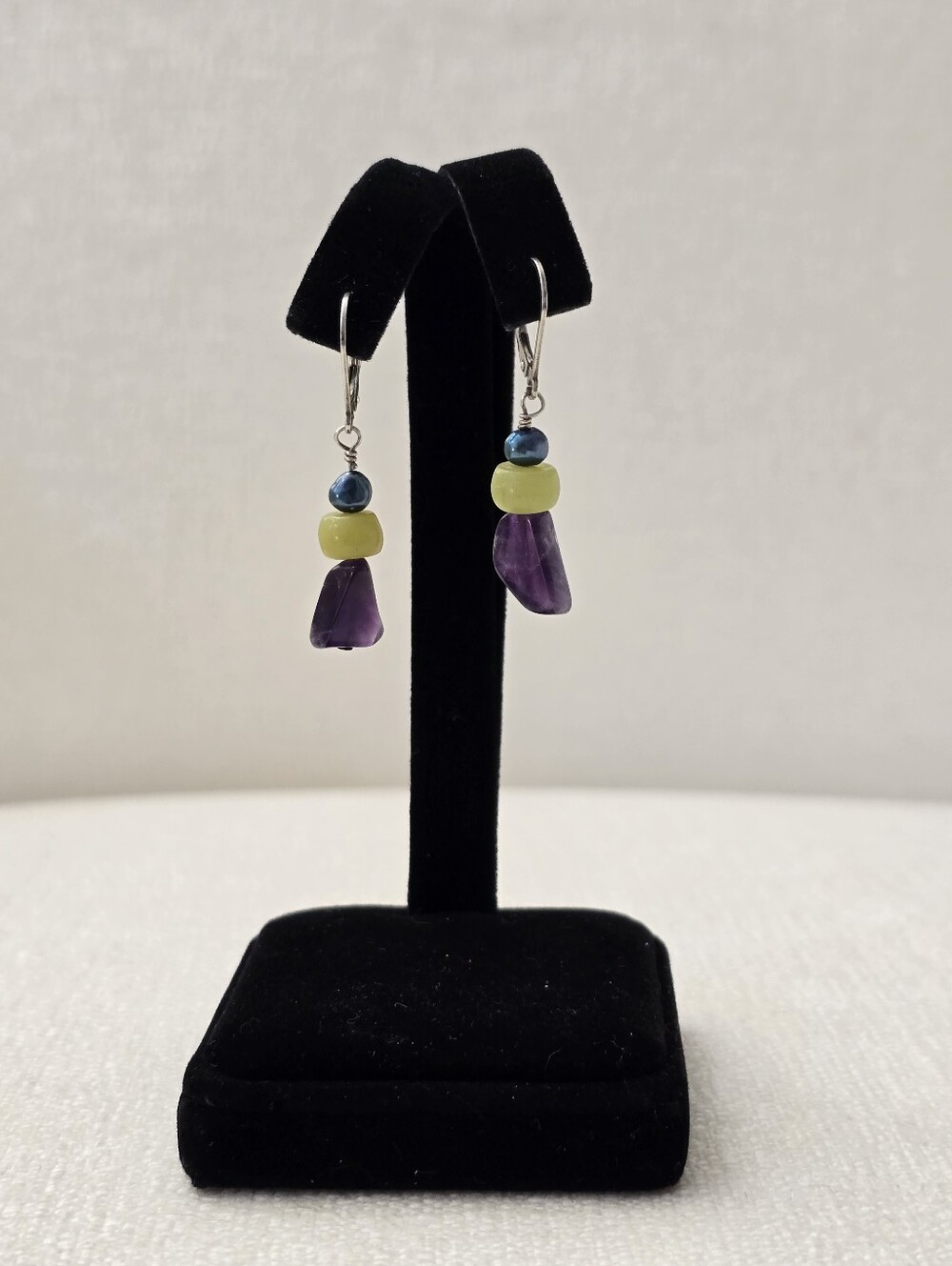 Sterling Silver Handmade Purple Amethyst & Lime Glass Bead Drop Earrings